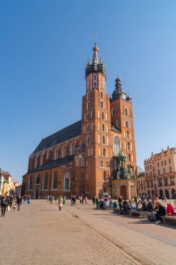 Krakow, Poland - 14 March, 2022: St. Marys Basilica on the Krakow Main Square. Mariacki church. Travel