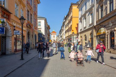 Krakow, Poland - 14 March, 2022: Florians Gate at Florianska Street, entrance to old town. Travel