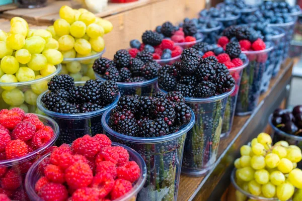 Fresh Juicy Berries Farmer Market Colorful Different Fruit Sets Street Stok Gambar Bebas Royalti