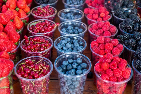 Fresh Juicy Berries Farmer Market Colorful Different Fruit Sets Street 스톡 사진