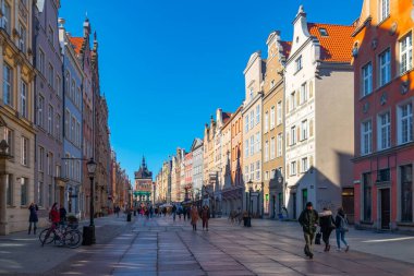 Gdansk, Poland - 11 March, 2022: Amazing architecture of the old town of Gdansk. Dluga Street is the main pedestrian street in the Old town center