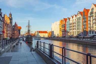 Gdansk, Poland - 11 March, 2022: Beautiful Old town of Gdansk at Motlawa river. Travel