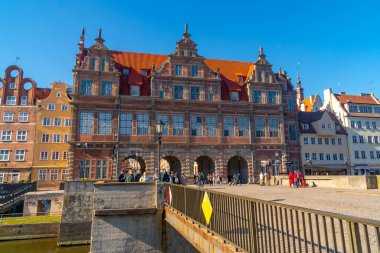 Gdansk, Poland - 11 March, 2022: Zielona Brama, Green Gate, famous old building near the river bank Motlawa