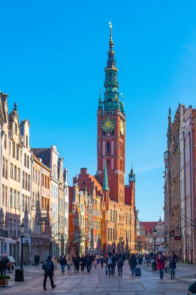 Gdansk, Poland - 11 March, 2022: Amazing architecture of the old town of Gdansk. Dluga Street is the main pedestrian street in the Old town center