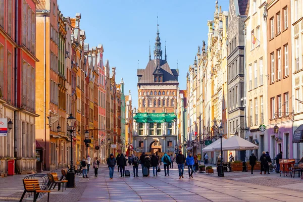 Gdansk, Poland - 11 March, 2022: Amazing architecture of the old town of Gdansk. Dluga Street is the main pedestrian street in the Old town center