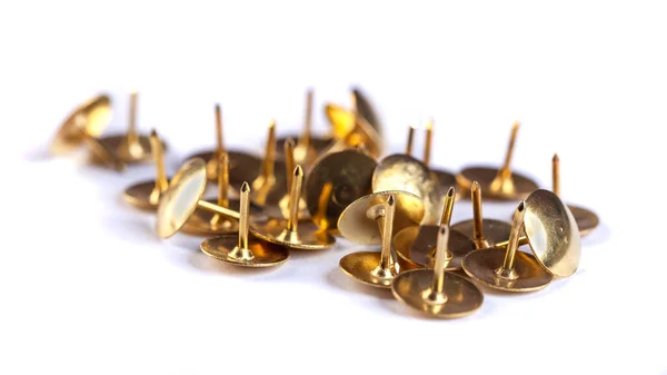 Yellow Office Pins Isolated White Background Thumbtacks Object — Foto Stock