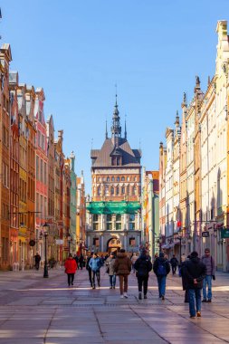 Gdansk, Poland - 11 March, 2022: Amazing architecture of the old town of Gdansk. Dluga Street is the main pedestrian street in the Old town center