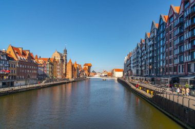 Gdansk, Poland - 11 March, 2022: Beautiful Old town of Gdansk at Motlawa river. Travel