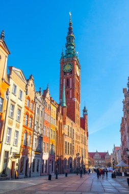 Gdansk, Poland - 11 March, 2022: Amazing architecture of the old town of Gdansk. Dluga Street is the main pedestrian street in the Old town center