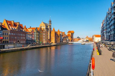 Gdansk, Poland - 11 March, 2022: Beautiful Old town of Gdansk at Motlawa river. Travel