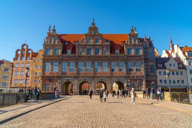 Gdansk, Poland - 11 March, 2022: Zielona Brama, Green Gate, famous old building near the river bank Motlawa