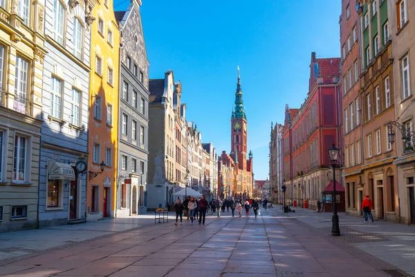 Gdansk, Poland - 11 March, 2022: Amazing architecture of the old town of Gdansk. Dluga Street is the main pedestrian street in the Old town center
