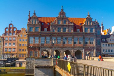 Gdansk, Poland - 11 March, 2022: Zielona Brama, Green Gate, famous old building near the river bank Motlawa