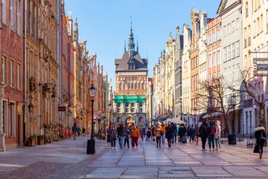 Gdansk, Poland - 11 March, 2022: Amazing architecture of the old town of Gdansk. Dluga Street is the main pedestrian street in the Old town center