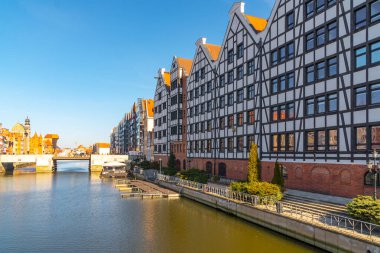 Gdansk, Poland - 11 March, 2022: Beautiful Old town of Gdansk at Motlawa river. Travel