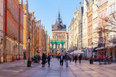 Gdansk, Poland - 11 March, 2022: Amazing architecture of the old town of Gdansk. Dluga Street is the main pedestrian street in the Old town center