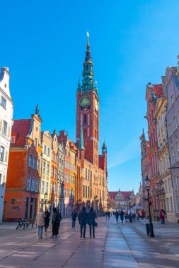 Gdansk, Poland - 11 March, 2022: Amazing architecture of the old town of Gdansk. Dluga Street is the main pedestrian street in the Old town center