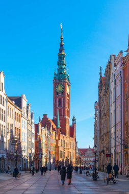 Gdansk, Poland - 11 March, 2022: Amazing architecture of the old town of Gdansk. Dluga Street is the main pedestrian street in the Old town center