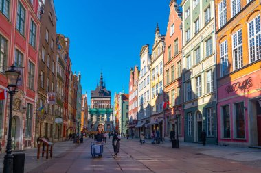 Gdansk, Poland - 11 March, 2022: Amazing architecture of the old town of Gdansk. Dluga Street is the main pedestrian street in the Old town center