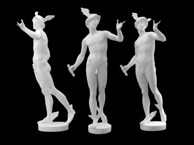 Merkür heykeli siyah arkaplanda izole edildi. 3d resim.