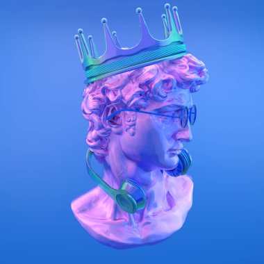 David 'in kafasının alçıtaşı heykeli. Yaratıcı. David 'in mavi gözlüklü ve taç takmış kafasının alçı heykeli. Asgari konsept sanat.
