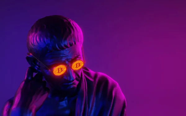 Bitcoin gözlüklü, neon arka planda oturan bir filozofun portresi. 3d resim.