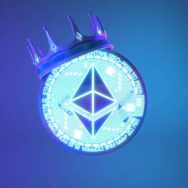 Ethereum Zeichen Krone Auf Neon Hintergrund Kryptowährungskönig Konzept Bild Stockbild