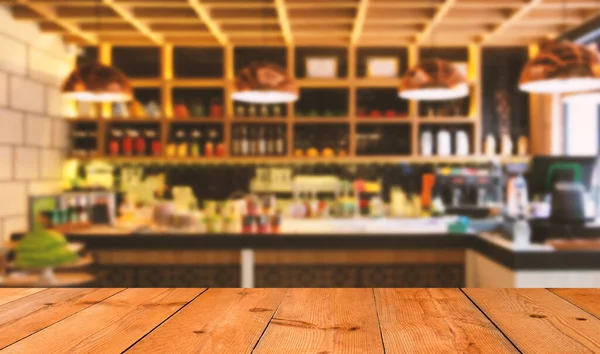 Perspective Brown Wooden Board Blurred Cafe Counter Bar Background — Fotografia de Stock