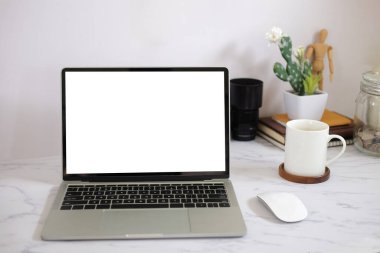 Workspace desk and laptop. copy space and blank screen. Business image, Blank screen laptop and supplies.	