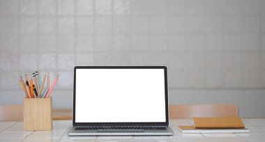 Workspace desk and laptop. copy space and blank screen. Business image, Blank screen laptop and supplies.	