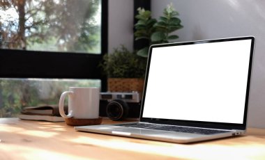 Home office desk with computer laptop, coffee cup and houseplant on wood table.	