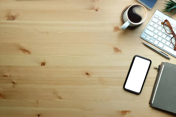 Mock Smart Phone Glasses Coffee Cup Notebook Wood Table Top — Stok fotoğraf