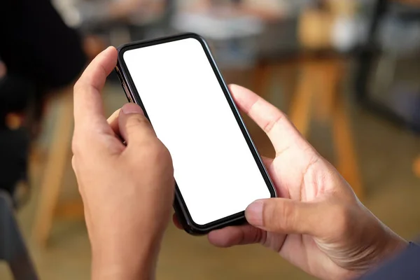 Close View Man Hands Holding Smart Phone Goale Display — Fotografie, imagine de stoc