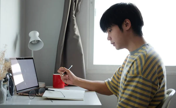 Side View Young Man College University Student Using Laptop Computer — Stock Photo, Image