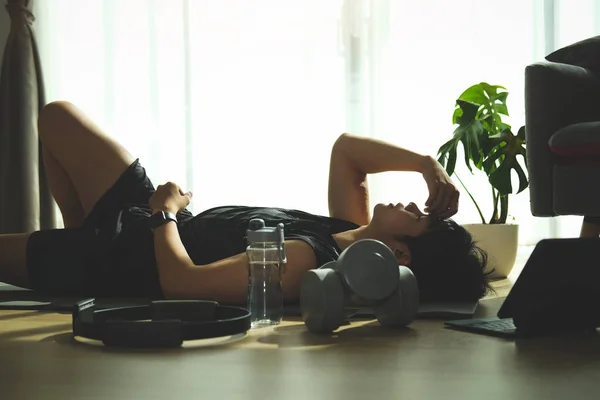Young Asian Man Resting Workout Living Room — Stock Fotó