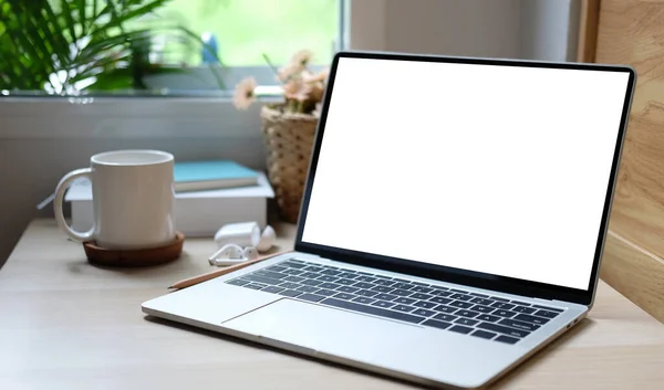 Computer Laptop Blank Screen Coffee Cup Wooden Table Window — Stockfoto