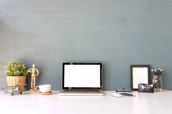 Photographer Workplace Laptop Computer Camera Houseplant Supplies White Table — Zdjęcie stockowe