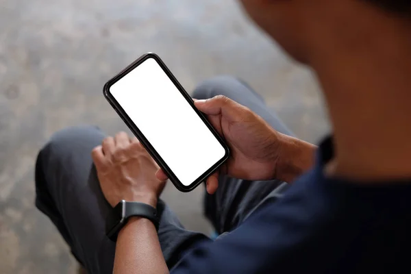 Young Man Holding Mockup Smart Phone Empty Screen Close — стоковое фото