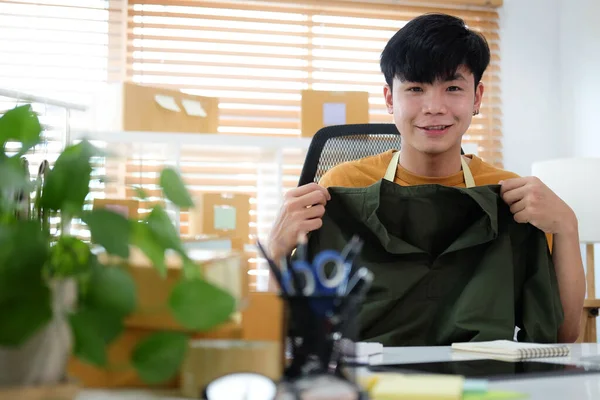 Happy Young Asian Man Online Seller Sitting His Home Office — Stock Photo, Image