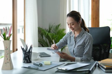 Cheerful businesswoman working with computer laptop at office.	