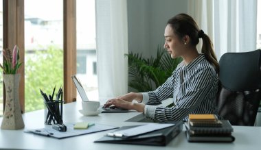 Parlak modern iş yerinde oturan ve dizüstü bilgisayar kullanan odaklı genç bayan girişimcinin yan görüntüsü.