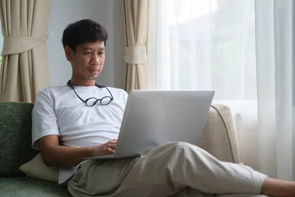 Man Casual Clothes Surfing Internet Working Online Laptop Computer While — 스톡 사진