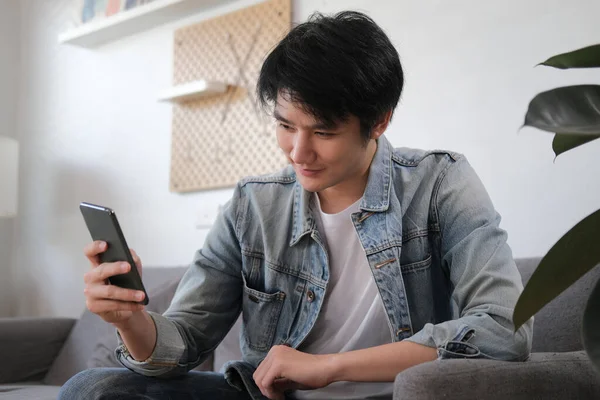Happy Young Man Checking Social Media Shopping Online Smart Phone — 스톡 사진