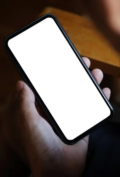 Man Hands Holding Smartphone White Empty Screen Advertisement Text — Stock Photo, Image