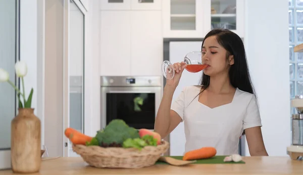 Beautiful Young Woman Standing Kitchen Counter Drinking Wine — 스톡 사진