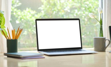 Bilgisayarlı ofis masası, kahve fincanı ve ahşap masadaki bitki..