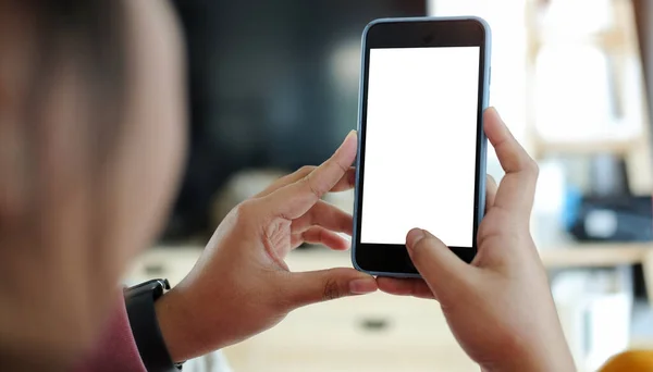 Woman Holding Smart Phone White Empty Screen — Stockfoto