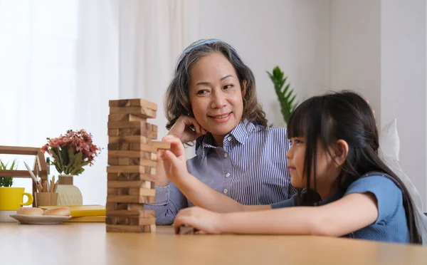 Little Asian Girl Grandmother Playing Wooden Blocks Together Living Room — Stock Photo, Image