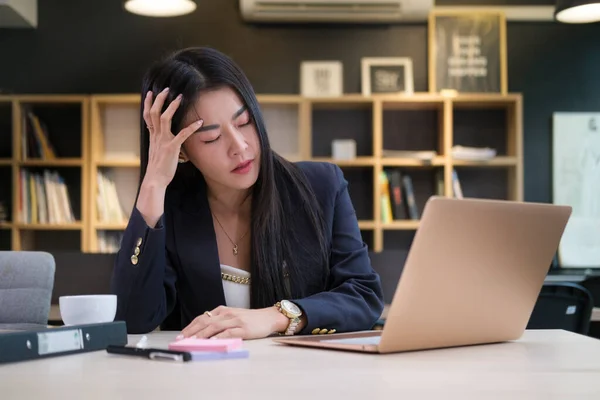 Exhausted Asian Female Entrepreneur Suffering Headache Touching Temples Stress Work — 图库照片