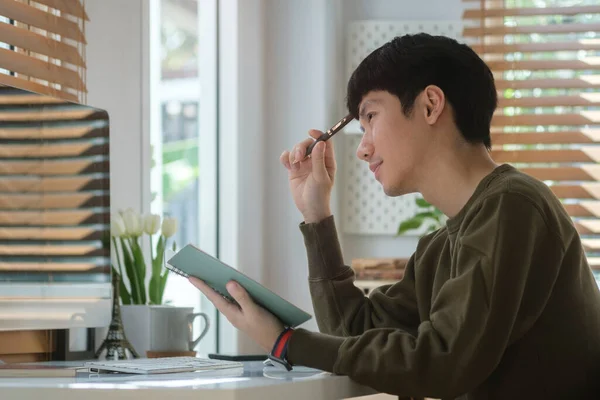 Pensive Young Man Entrepreneur Looking Out Window Pondering Idea Making — Stock Photo, Image